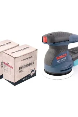 Authentique Bosch GEX 125-1 AE Ponceuse excentrique 250 watts 125 mm ( 0601387500 ) + 2x Toolbrothers TURTLE Set de ponçage