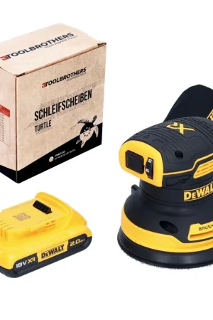 Jusqu'à Épuisement Des Stocks DeWalt DCW 210 N Ponceuse excentrique sans fil 18 V 125 mm Brushless + 1x batterie 2,0 Ah + 1x Toolbrothers TURTLE set de disques de ponçage - sans chargeur