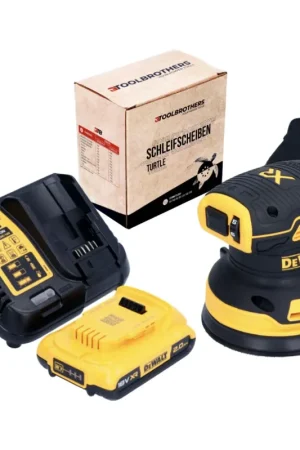 DeWalt DCW 210 D1 Ponceuse excentrique sans fil 18 V 125 mm Brushless + 1x batterie 2,0 Ah + chargeur + 1x Toolbrothers TURTLE set de disques de ponçage Prix Bas