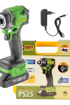 Visseuse à chocs sans fil Procraft PS25-1B-C 20 V 230 Nm 1/4" sans balais + 1 batterie 2,0 Ah + chargeur + mallette Promotion Saisonnière