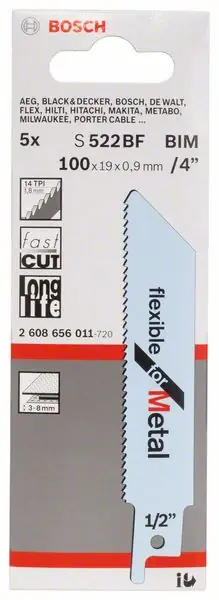 Certifié BOSCH Lame de scie sabre S 522 BF S 522 BF Longueur 100 mm Largeur 19 mm ( 4000837587 )